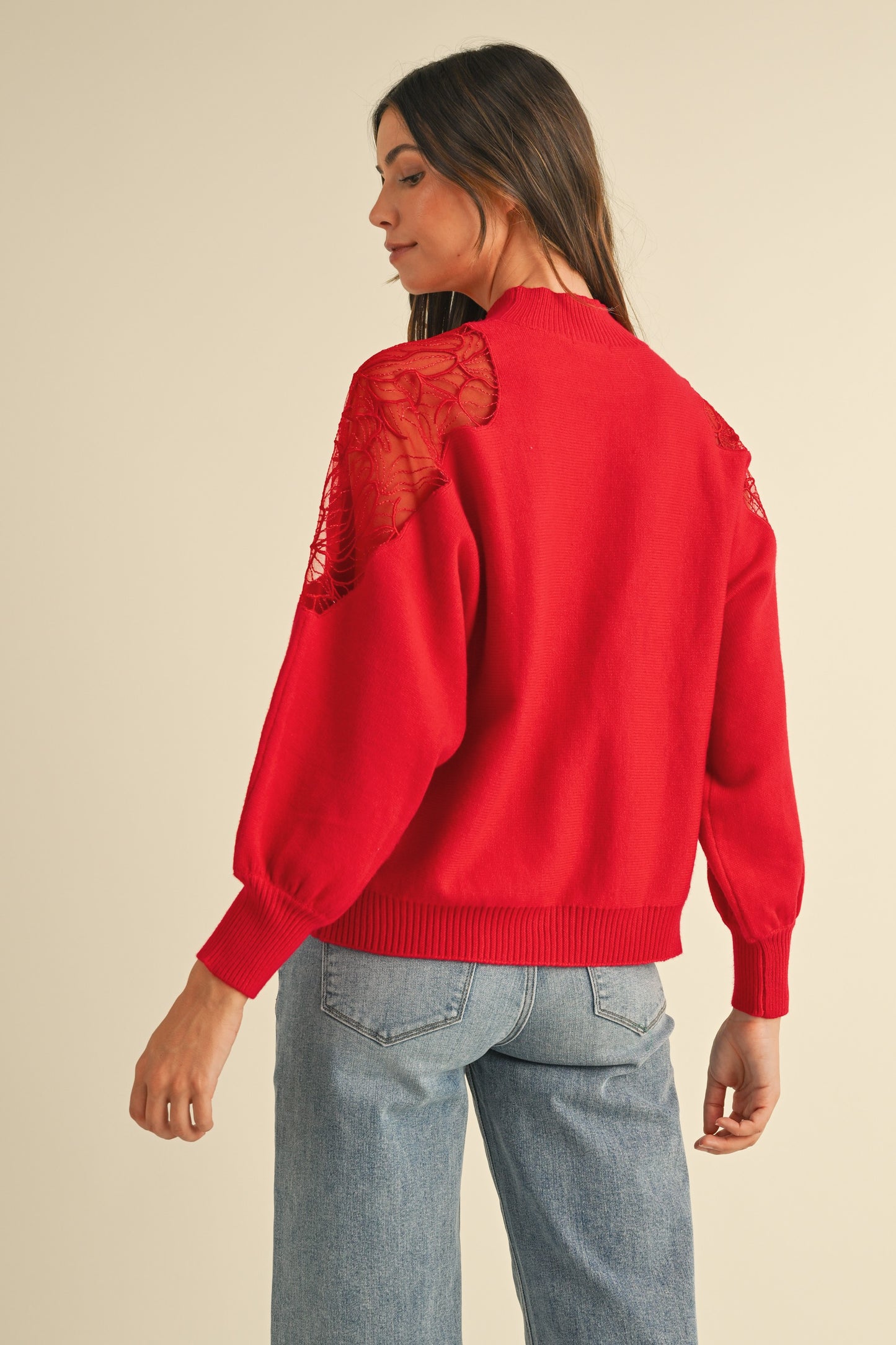 AW Embroidered Shoulder Mock Neck Sweater