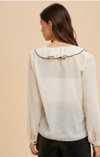 AW Ruffle Chiffon Black Piping L/S Blouse