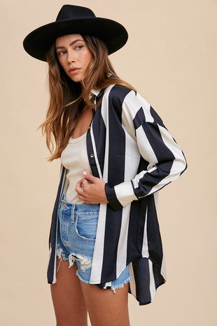 AW Wide Stripe Satin Effect OVSZ Blouse Blk/Ivy