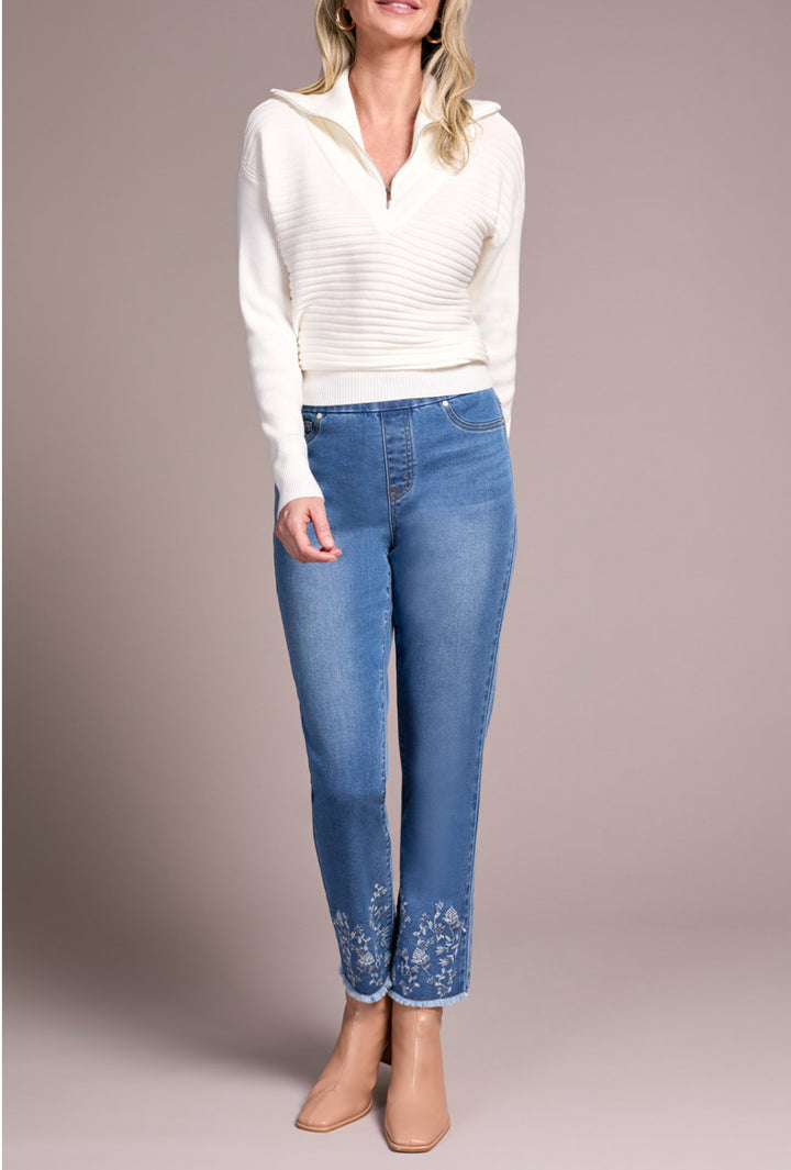 Tribal Audrey Pull On Slim Jeans w/Embroidery Detail