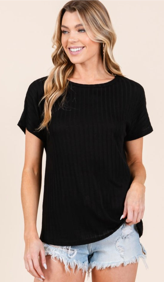 BOMBOM Short Sleeve Ribbed Knit Tee Black 2