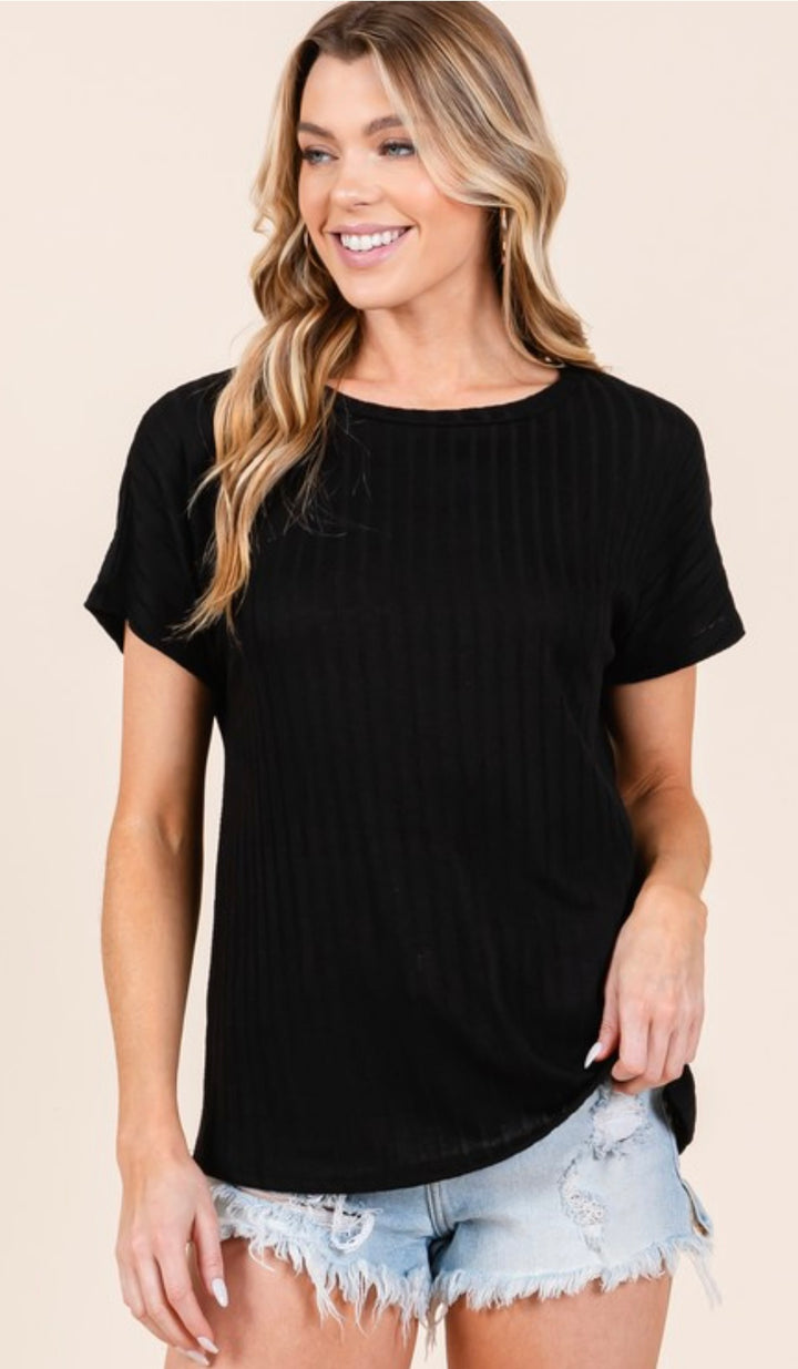 BOMBOM Short Sleeve Ribbed Knit Tee Black 2