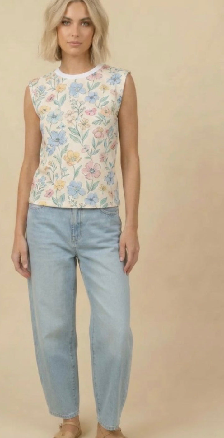 BOMBOM Floral Print Tank Top Yellow Pink Blue