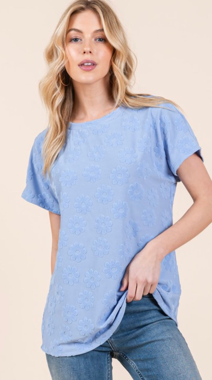 BOMBOM Short Sleeve Textured Floral Pattern Top Light Blue