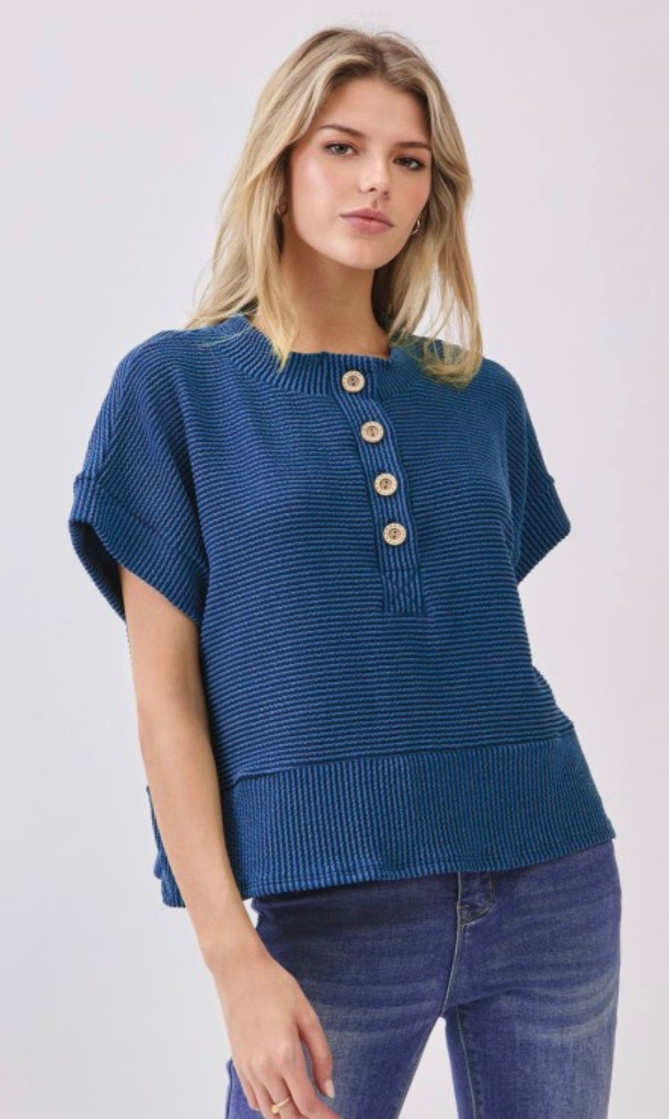 BOMBOM Short Sleeve Ribbed Henley Top with Buttons NAVY
