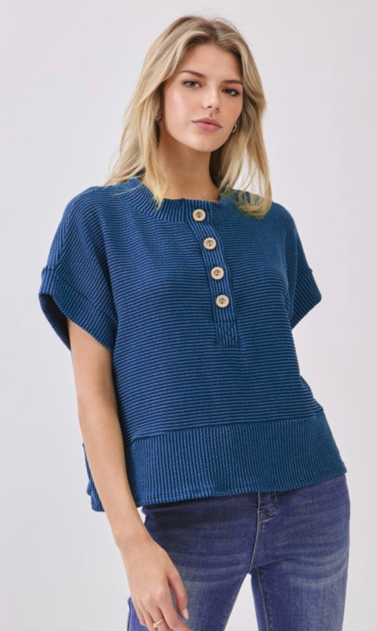 BOMBOM Short Sleeve Ribbed Henley Top with Buttons NAVY