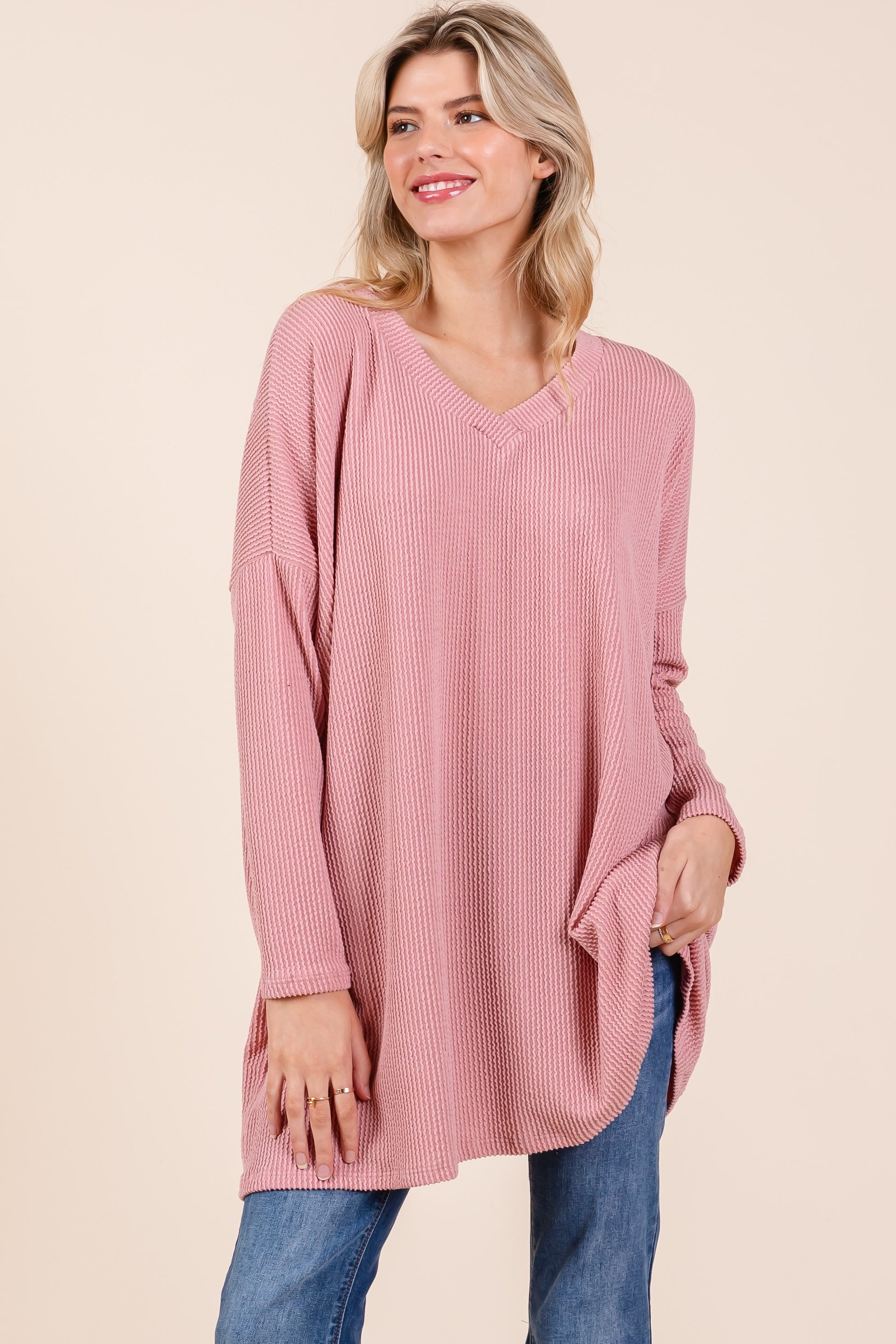 BB Oversized Ribbed V Neck Top