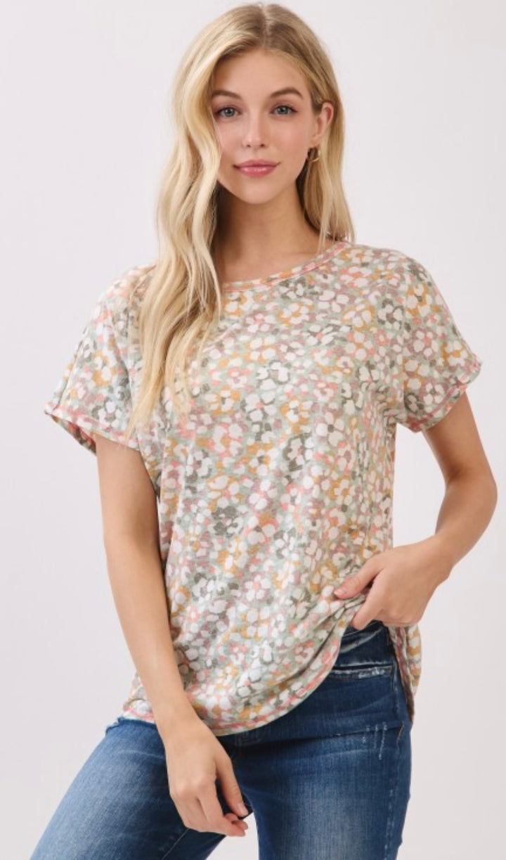 BOMBOM Short Sleeve Knit Top Watercolor Print Multi