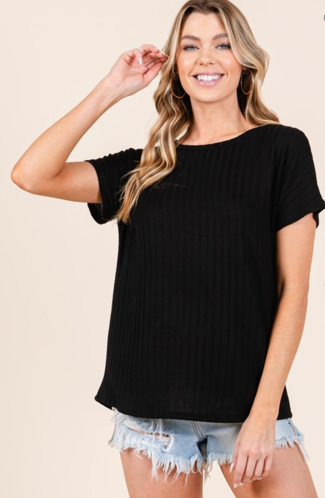 BOMBOM Short Sleeve Ribbed Knit Tee Black 2