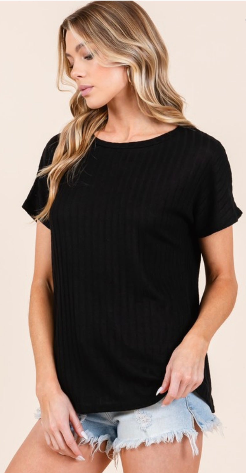 BOMBOM Short Sleeve Ribbed Knit Tee Black 2