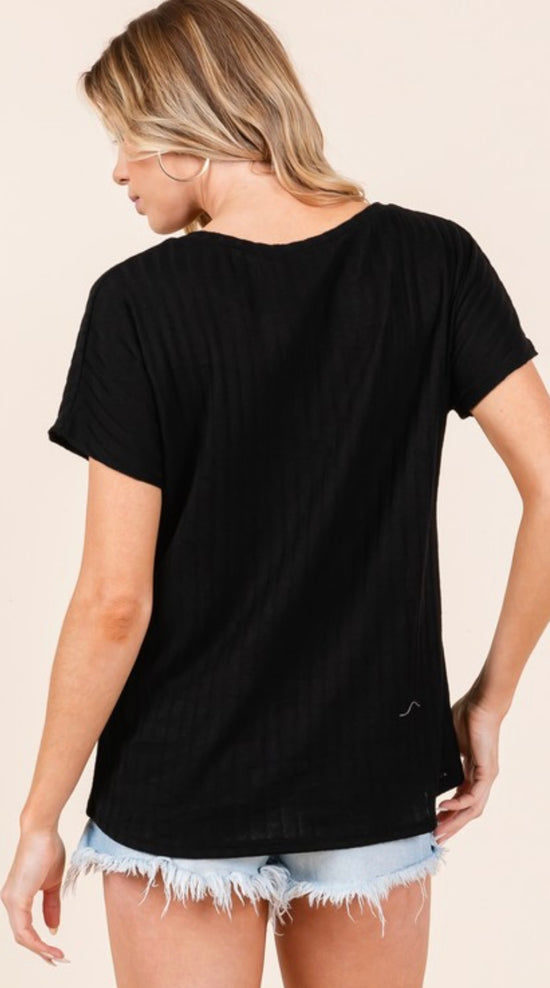 BOMBOM Short Sleeve Ribbed Knit Tee Black 2