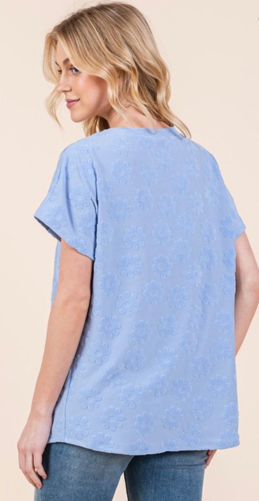 BOMBOM Short Sleeve Textured Floral Pattern Top Light Blue