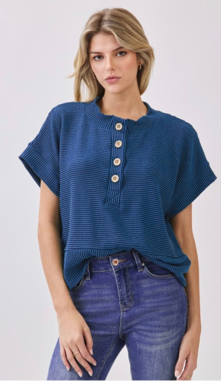 BOMBOM Short Sleeve Ribbed Henley Top with Buttons NAVY