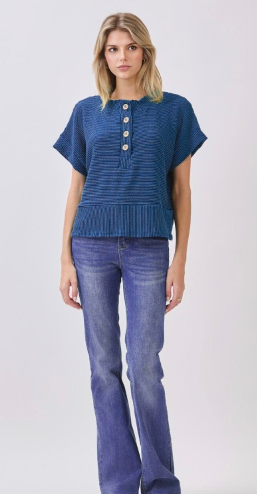 BOMBOM Short Sleeve Ribbed Henley Top with Buttons NAVY