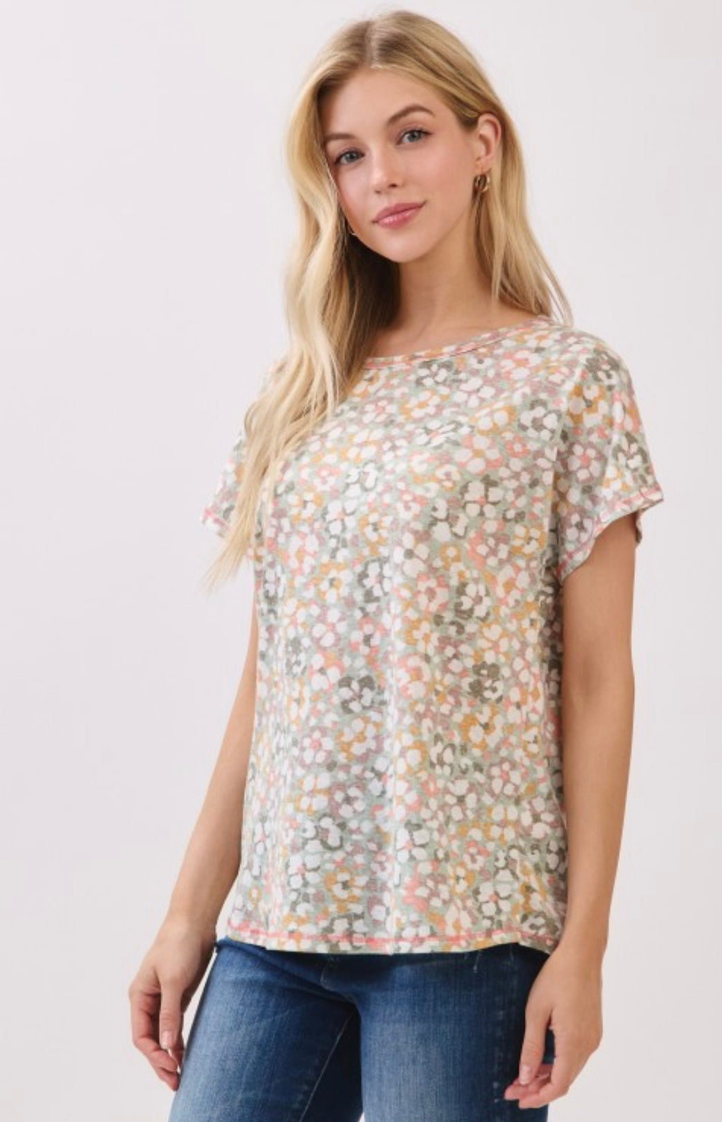 BOMBOM Short Sleeve Knit Top Watercolor Print Multi