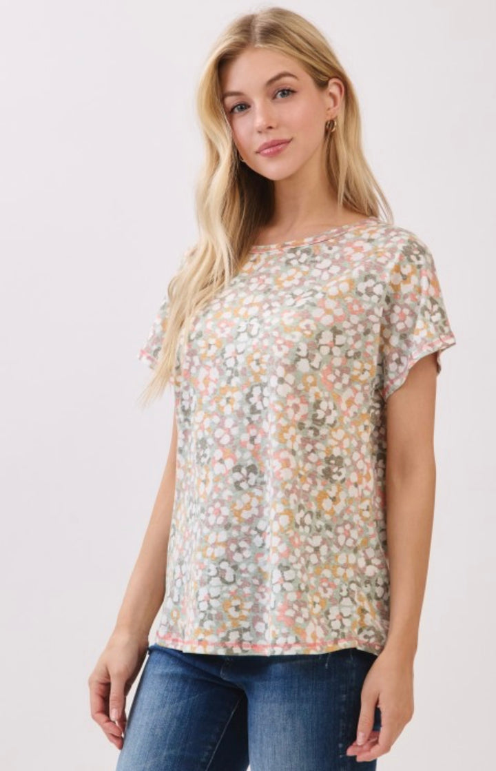 BOMBOM Short Sleeve Knit Top Watercolor Print Multi