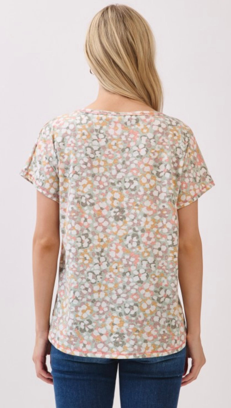 BOMBOM Short Sleeve Knit Top Watercolor Print Multi