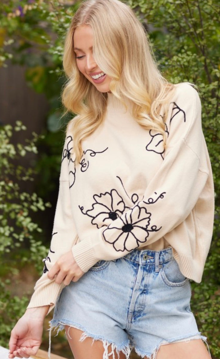 Beeson River Floral Embroidered Mock Neck Sweater Cream