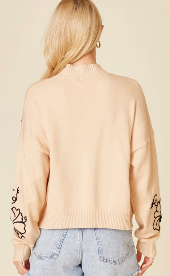 Beeson River Floral Embroidered Mock Neck Sweater Cream