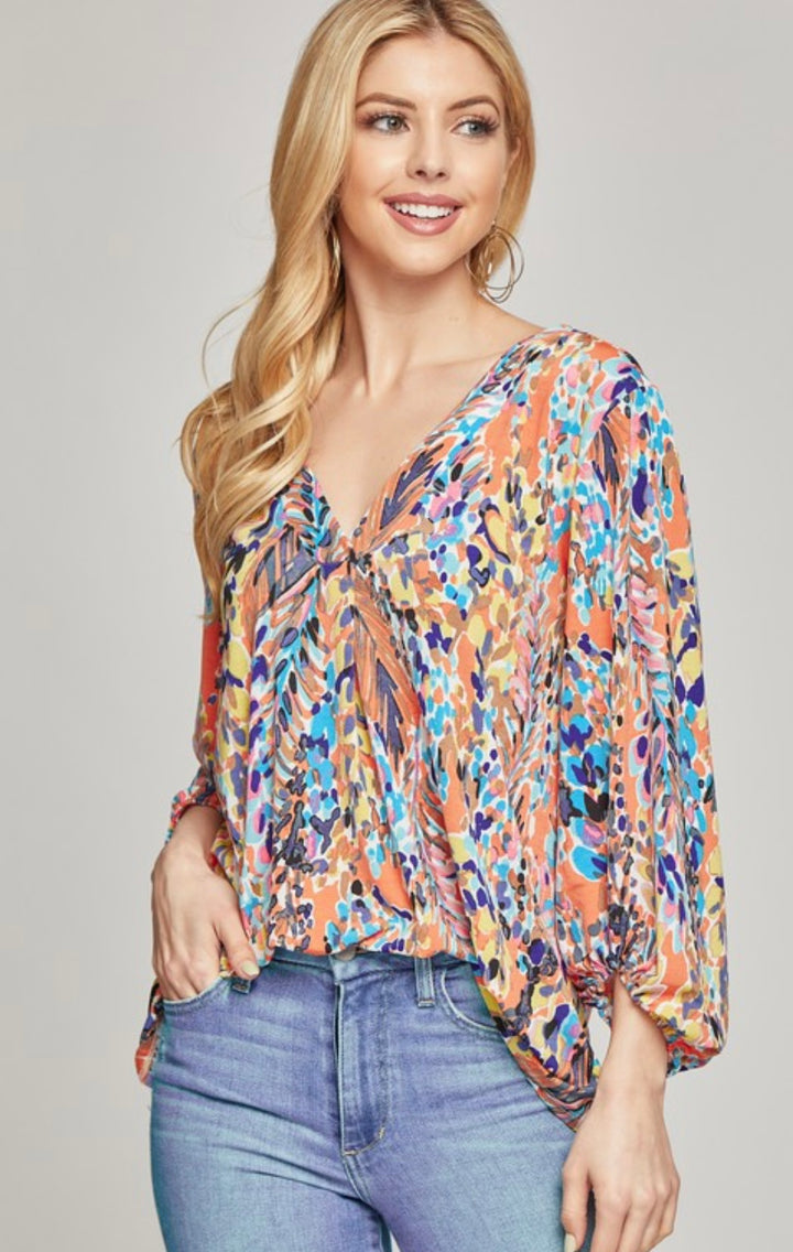 Beeson River Long Balloon Sleeve V Neck Print Blouse Multi Colored