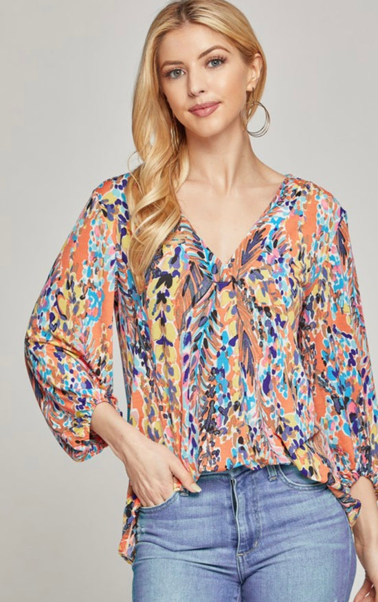 Beeson River Long Balloon Sleeve V Neck Print Blouse Multi Colored