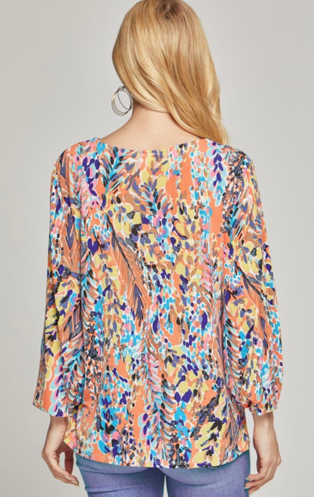 Beeson River Long Balloon Sleeve V Neck Print Blouse Multi Colored