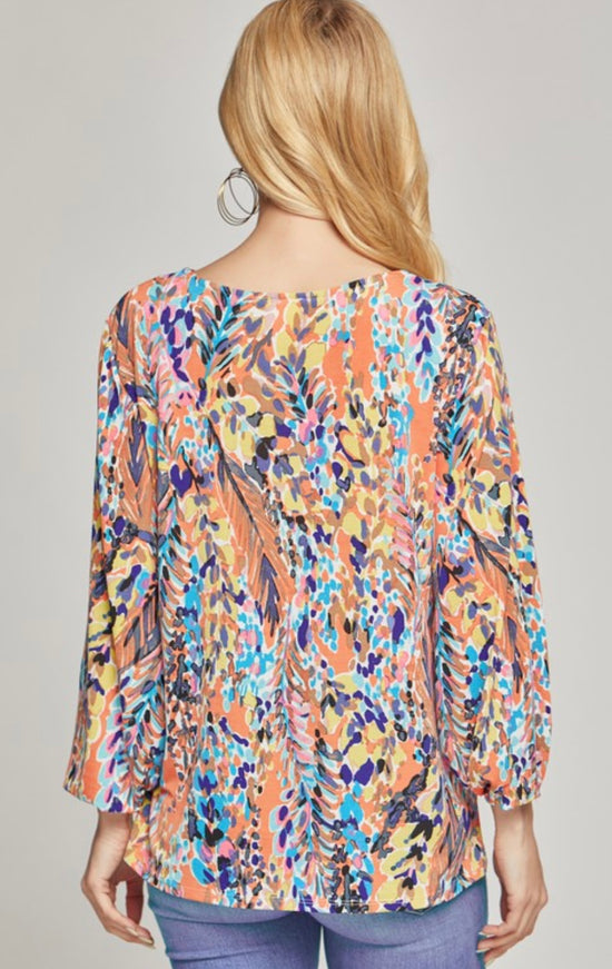 Beeson River Long Balloon Sleeve V Neck Print Blouse Multi Colored