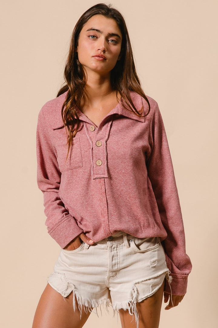 BIBI Brushed Buttoned Collar Top