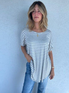 Bom Bom Grey striped S/S oversized long TOP