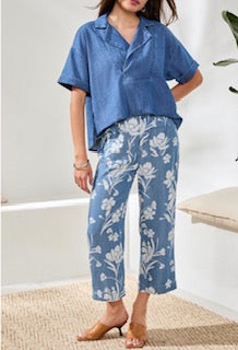 Tribal Crop Flowy Wide Leg Print Sea Side Blue