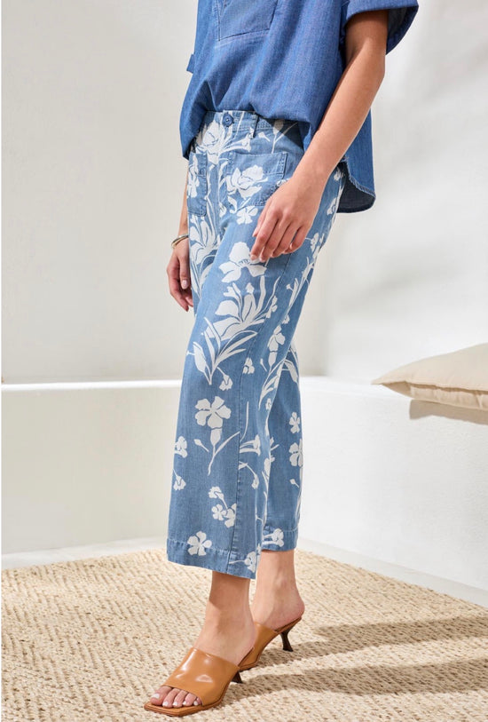 Tribal Crop Flowy Wide Leg Print Sea Side Blue