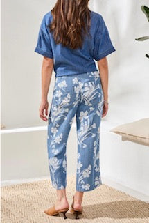 Tribal Crop Flowy Wide Leg Print Sea Side Blue
