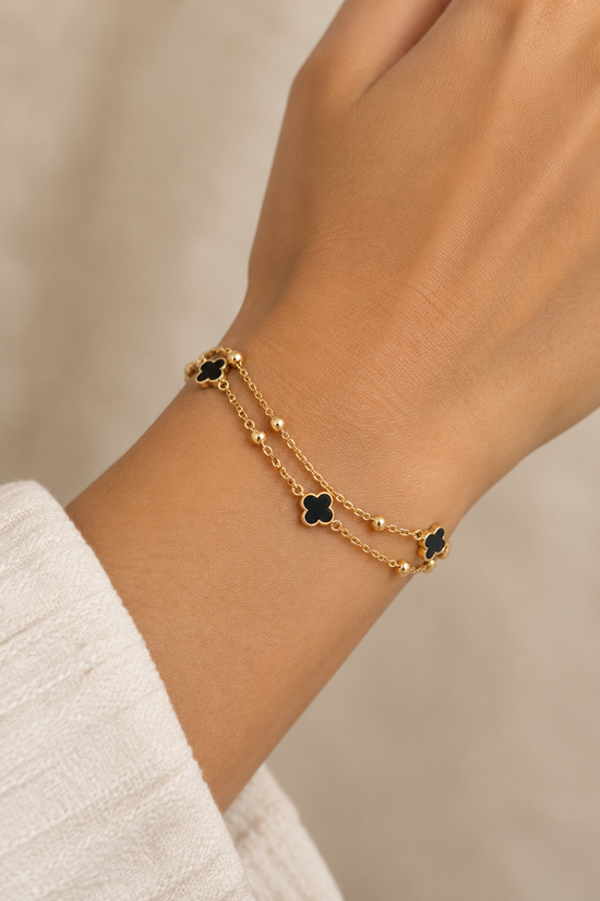 MIA 18k Gold Plated Waterproof Stainless Steel Black Flower  Chain Bracelet