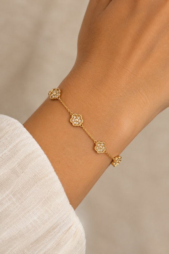 MIA 18k Gold Plated Waterproof Stainless Steel CZ Flower Chain Bracelet