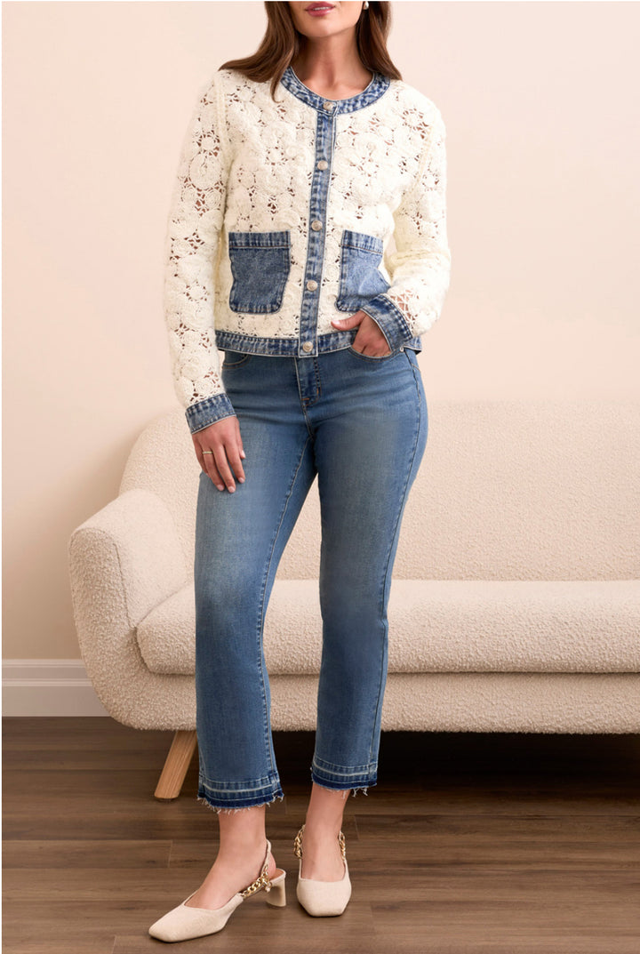Tribal Crochet Jacket with Denim Trim Eggshell