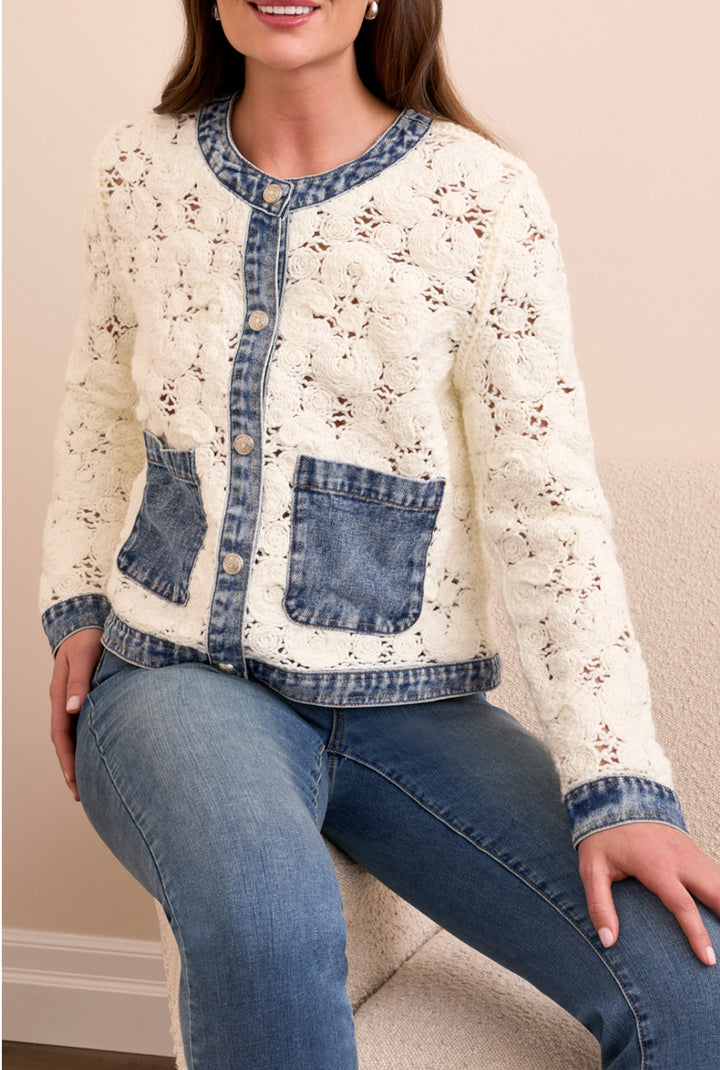 Tribal Crochet Jacket with Denim Trim Eggshell