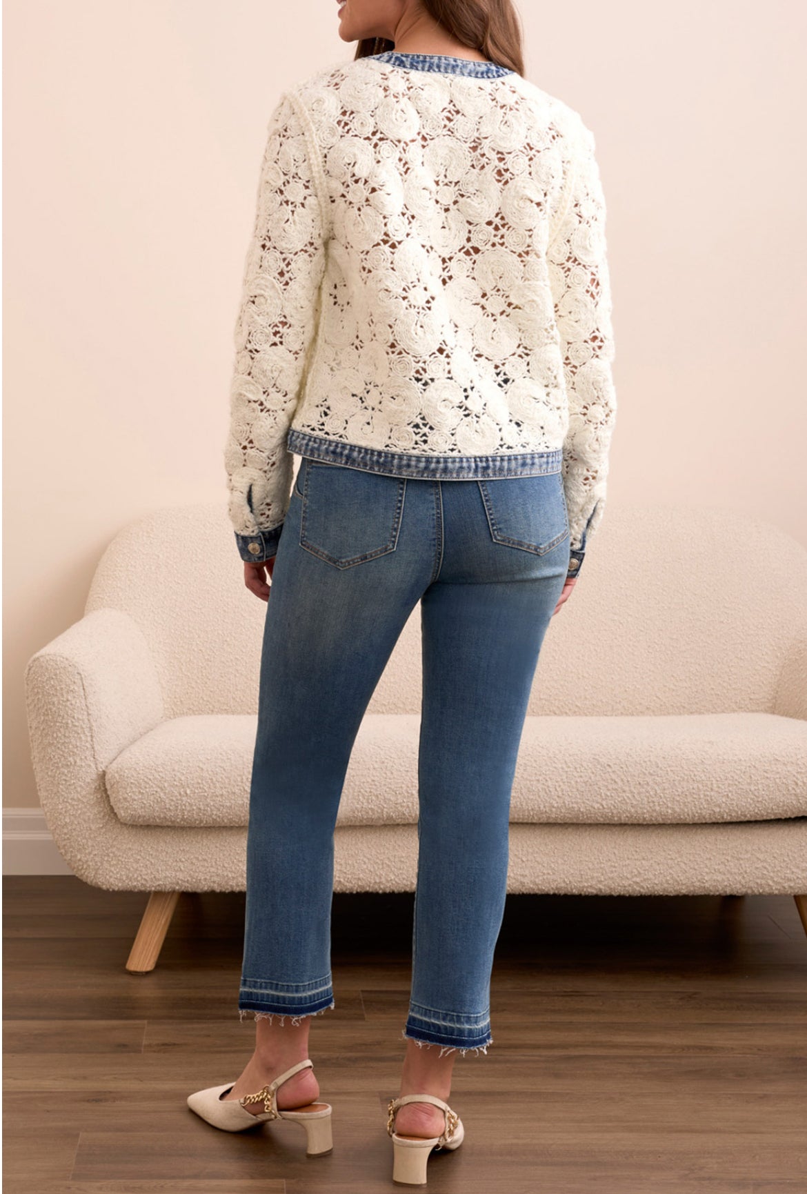 Tribal Crochet Jacket with Denim Trim Eggshell