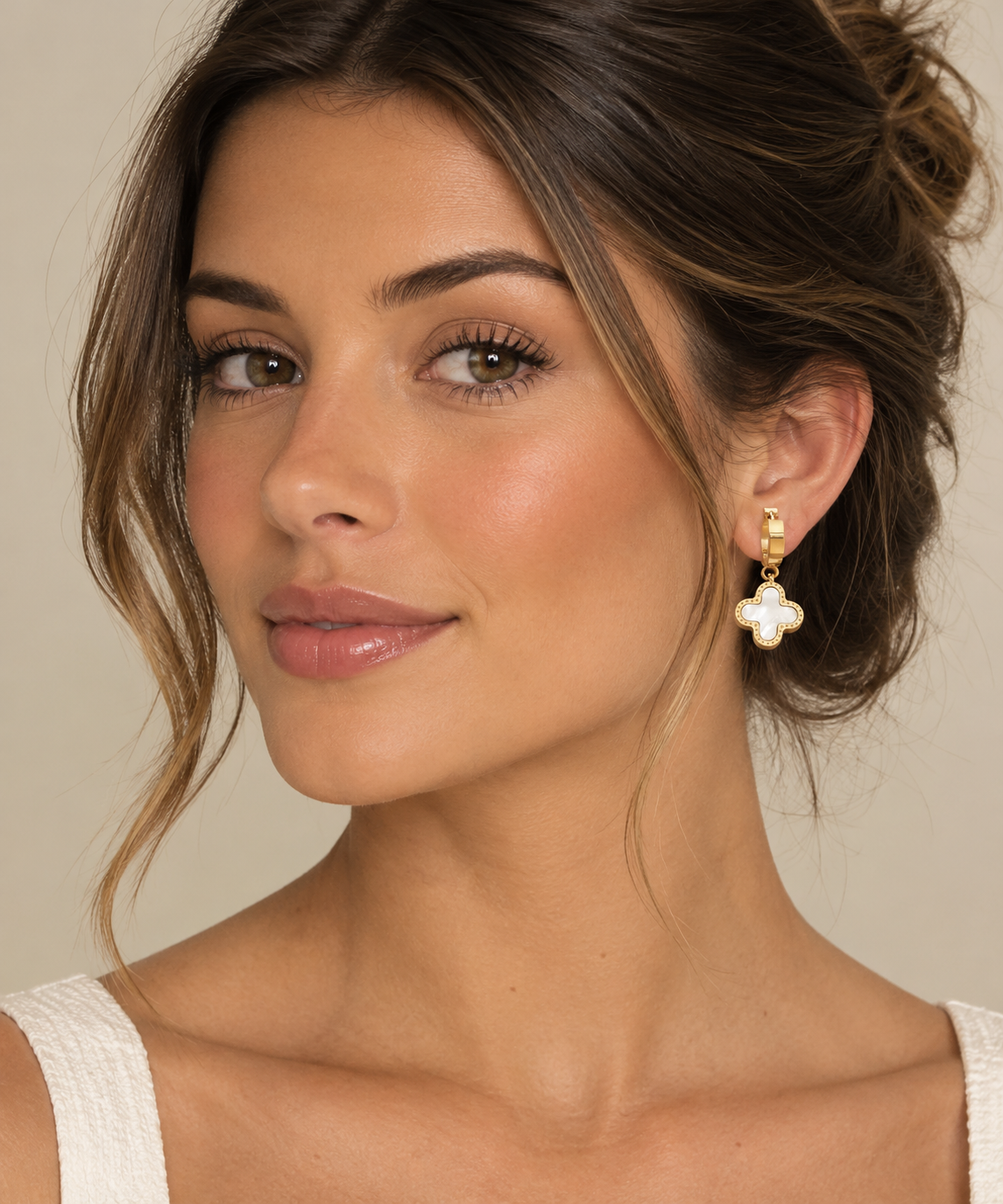 MIA 18k Gold Plated Waterproof Stainless Steel  Clover White Drop Earrings