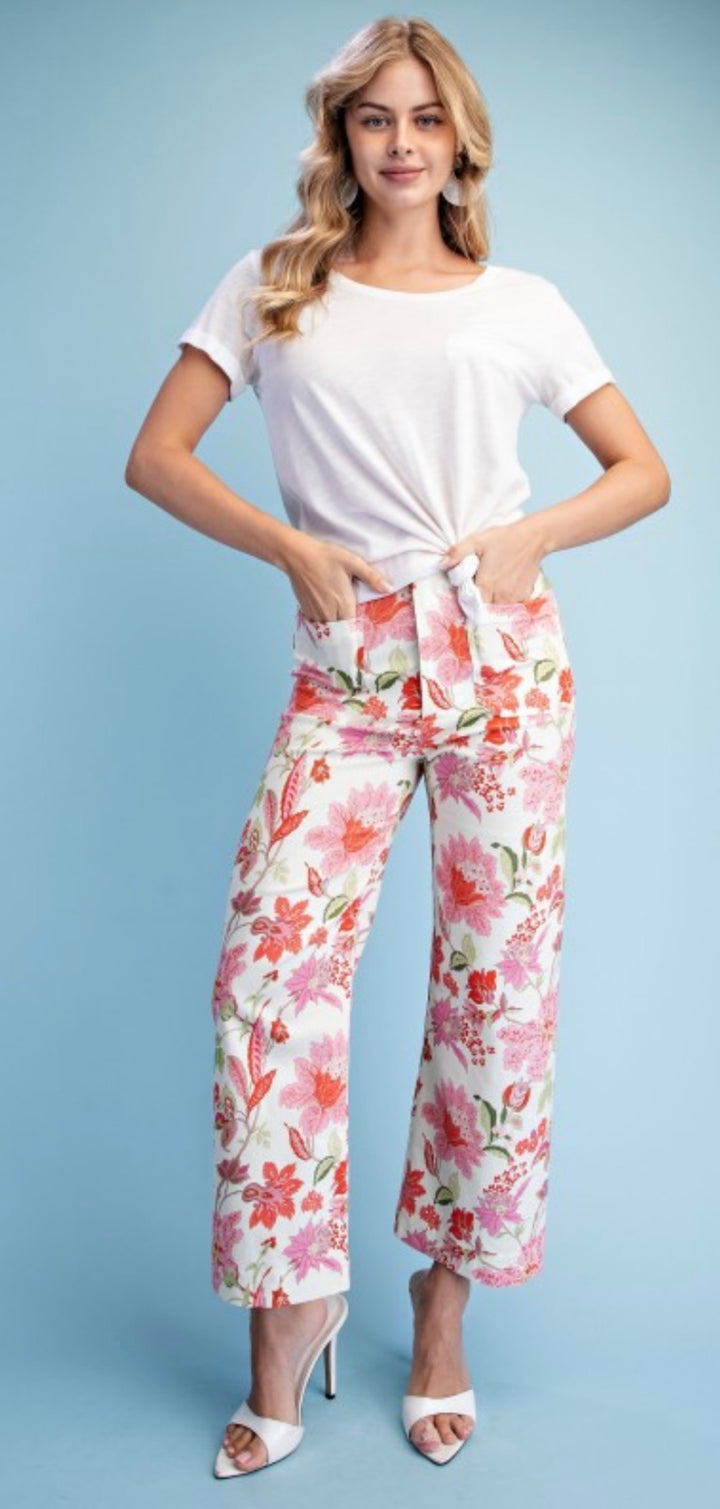 GIGIO Foral Ankle Crop Pants Blush Mix