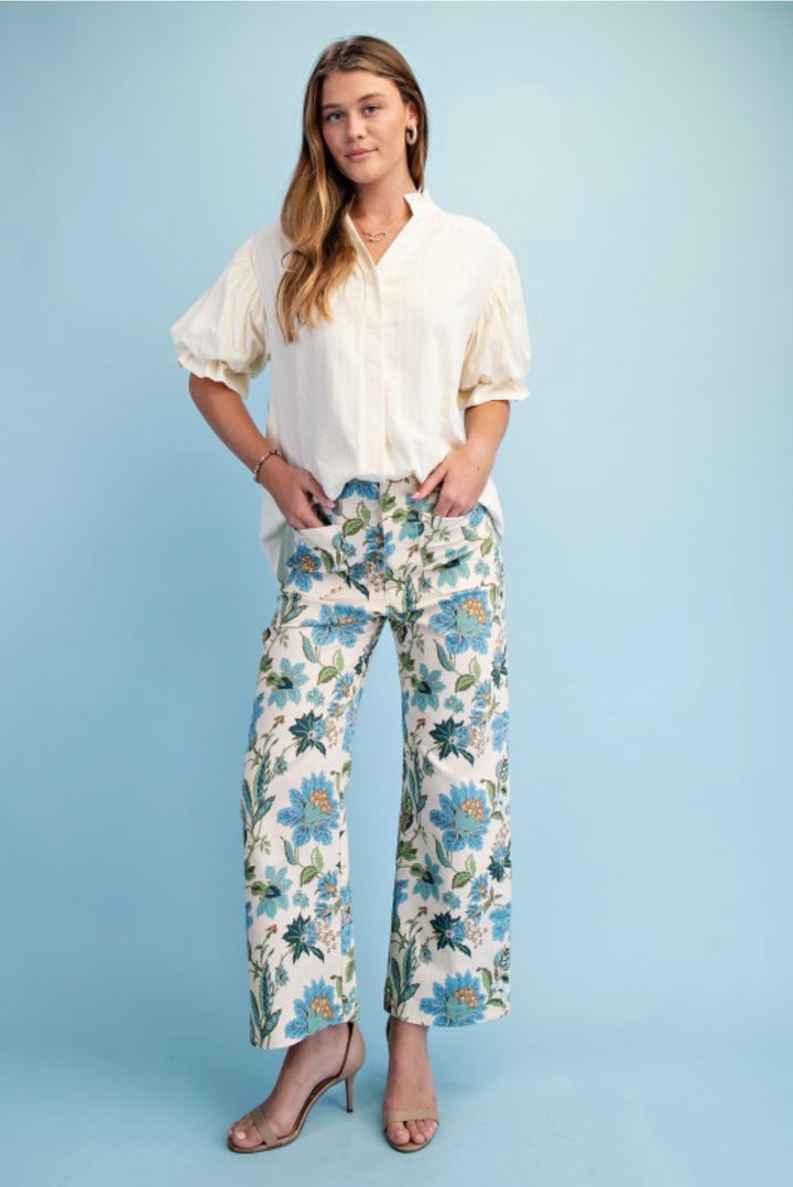 GIGIO Floral Ankle Crop Pants Blue Mix PLUS
