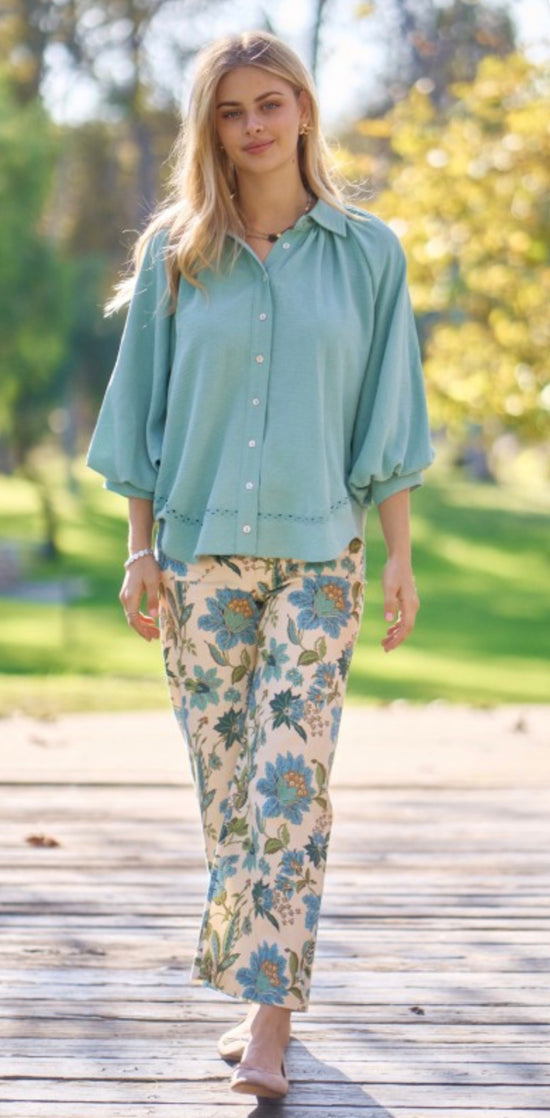 GIGIO Floral Ankle Crop Pants Blue Mix PLUS