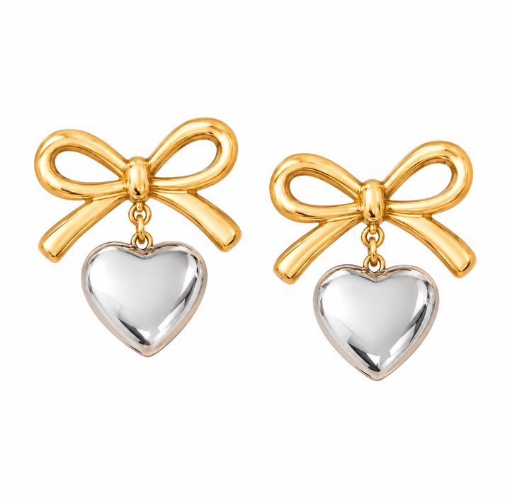 MIA  2 Tone 18k Gold Waterproof/Stainless Steel Heart and Bow Earrings