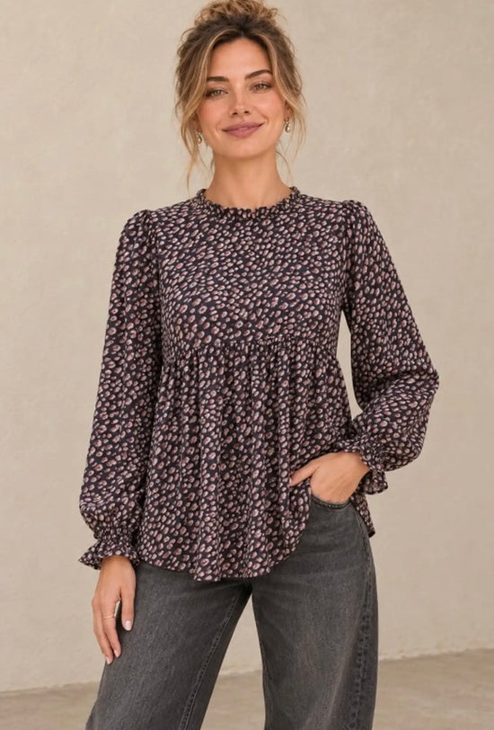 Nicabel Abstract Speckle Long Sleeve Blouse Navy