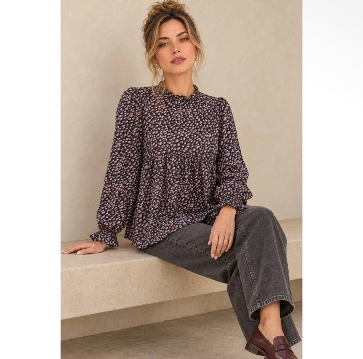 Nicabel Abstract Speckle Long Sleeve Blouse Navy