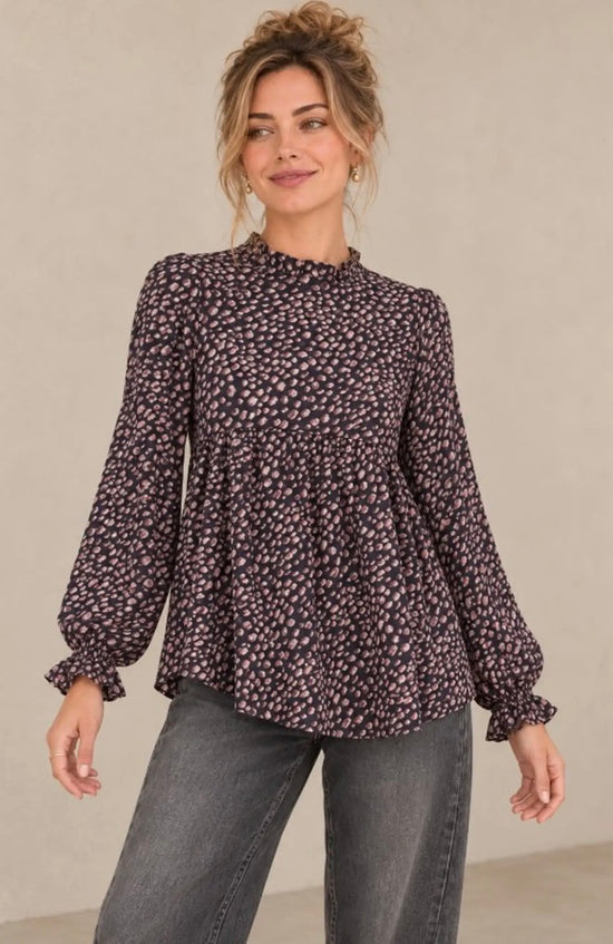 Nicabel Abstract Speckle Long Sleeve Blouse Navy