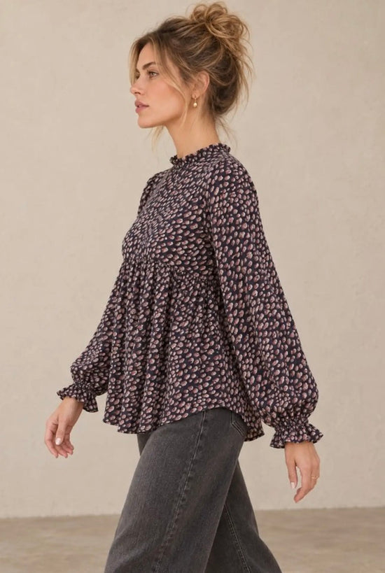 Nicabel Abstract Speckle Long Sleeve Blouse Navy