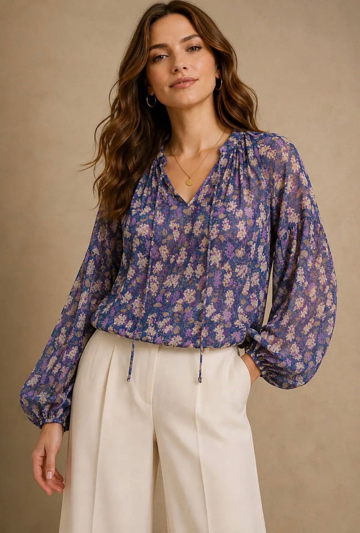 NICABEL Chiffon Long Sleeve Blouse with Neck Ruffles/Tie Navy Blue Print
