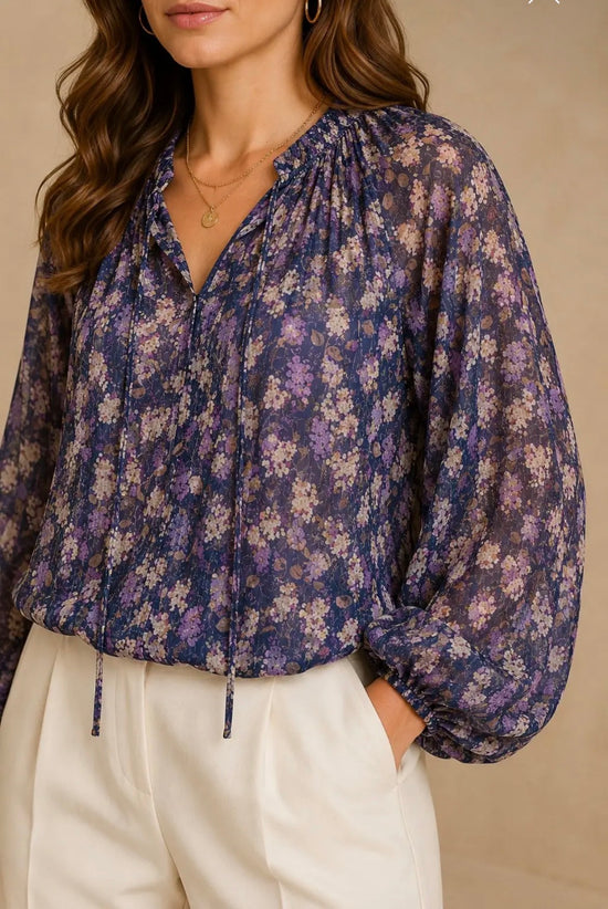 NICABEL Chiffon Long Sleeve Blouse with Neck Ruffles/Tie Navy Blue Print
