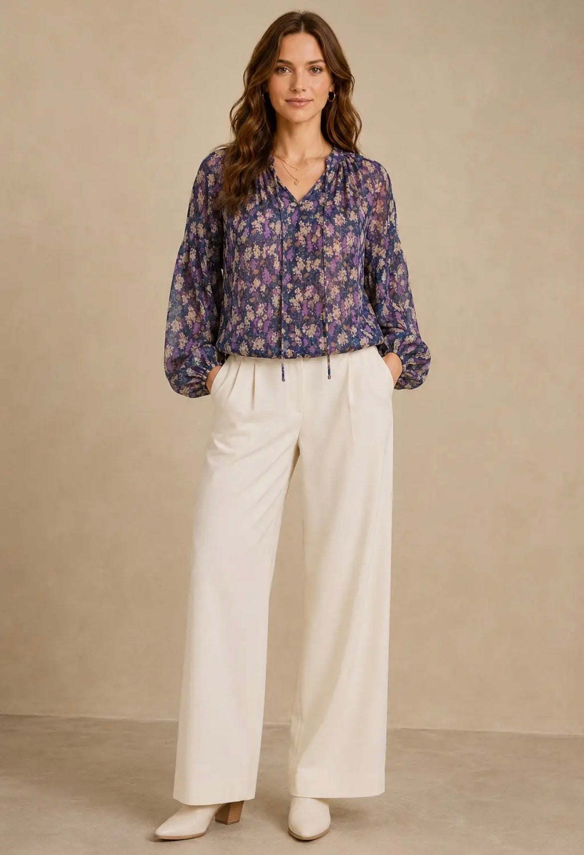 NICABEL Chiffon Long Sleeve Blouse with Neck Ruffles/Tie Navy Blue Print