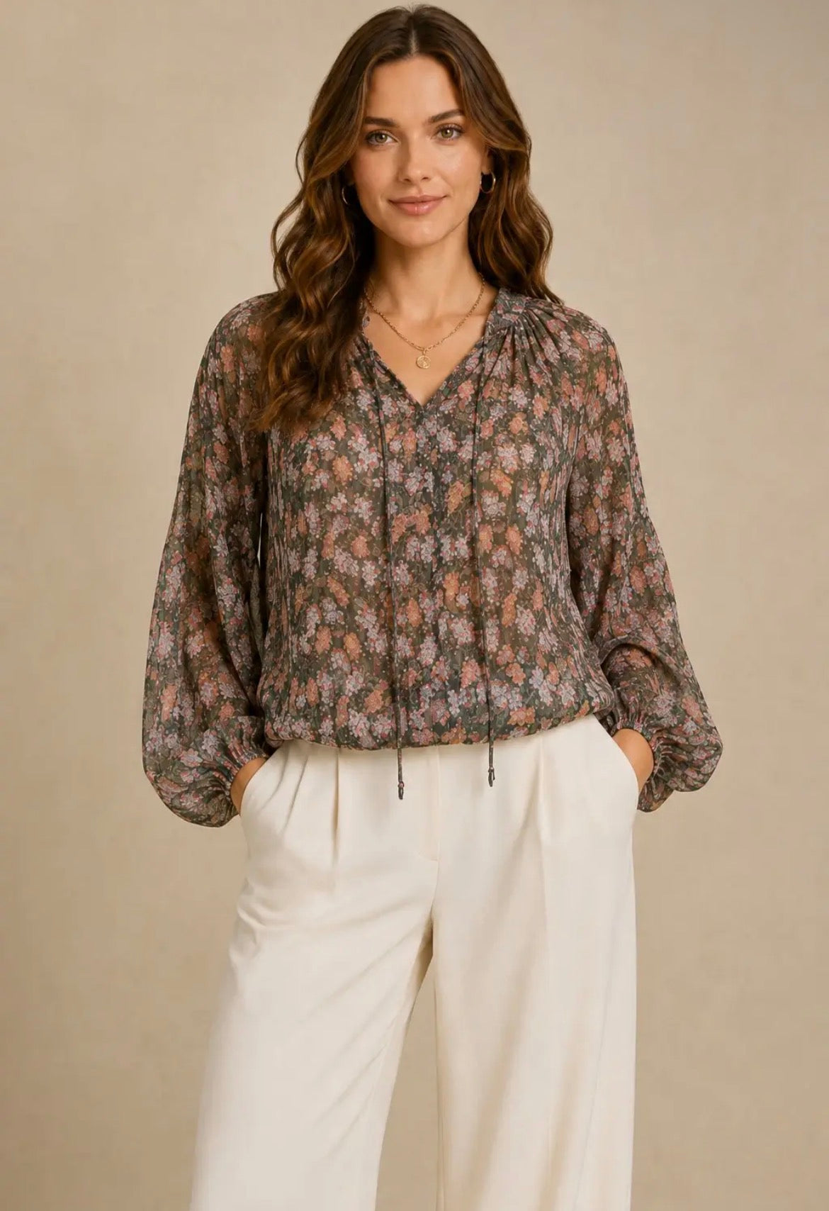 NICABEL Chiffon Long Sleeve Blouse with Neck Ruffles/Tie Hunter Green Print